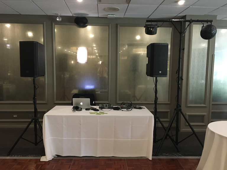 DJ tables, speakers, and lights
